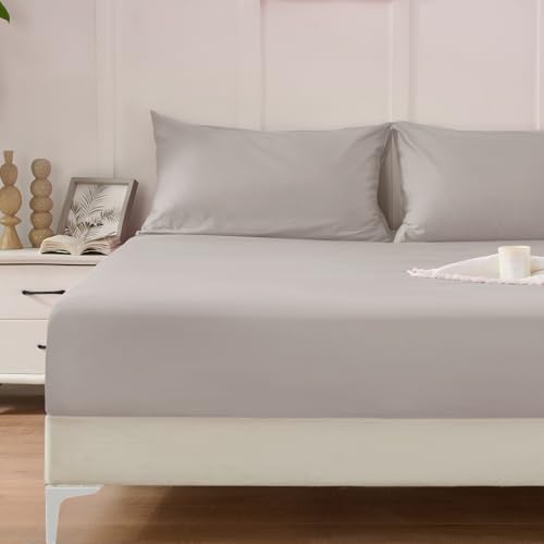 Homiest 3PCS Pure Cotton Fitted Sheet & Pillowcase Set, Full Size, 400 Thread Count, Soft & Breathable, 15 Inch Deep Pocket, Luxury 5-Star Hotel Quality Cotton Sheets, Beige