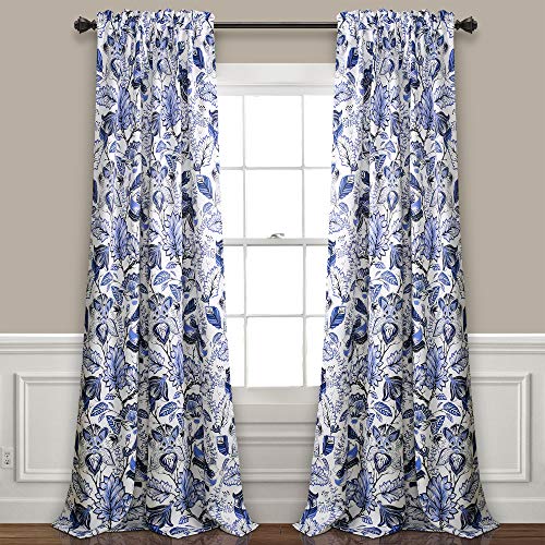 "Lush Decor, Blue Cynthia Jacobean Darkening Window Curtains Panel Set for Living, Dining Room, Bedroom (Pair), 108"" L"