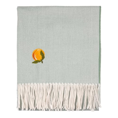furn. Fruits Embroidered Throw – Lightweight Knitted Fringe Tasselled Blanket (Zesty Orange – 130x180cm)