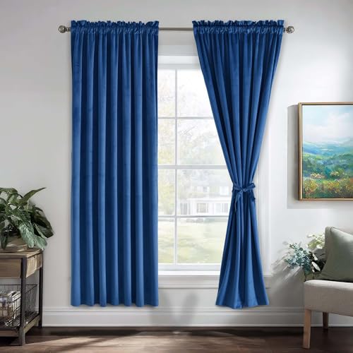 JIUZHEN Blue Velvet Curtains 63 inches for Living Room - Privacy Protect Blackout Room Darkening Rod Pocket Thick Velvet Window Drapes for Bedroom/Dining Room, Set of 2 with Tiebacks, W42 x L63 inches