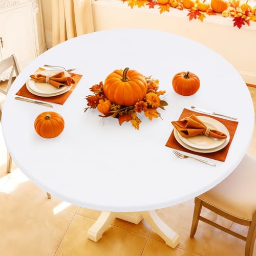 "Moosfor Spandex Round Tablecloth, Fitted Table Cloth for 42""-50"" Tables - Elastic Outdoor Picnic Table Cover, Circle Stretch Waterproof Table cloths for Patio, Dining, Kitchen, White"