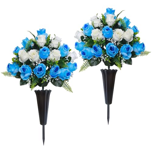 Lodou Set of 2 Artificial Cemetery Flowers, Memorial Flowers Bouquet,Grave Memorial Flowers with Vase for Cemetery Headstones Decoration (Blue White)