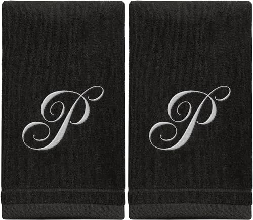 Monogrammed Towels Fingertip, Personalized Gift, 11 x 18 Inches - Set of 2 White Embroidered Towel - Extra Absorbent 100% Cotton - Soft Velour Finish - For Bathroom/Kitchen/Spa - Initial P (Black)