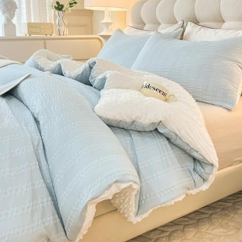 "tohrisa Boho Comforter Set King Size Striped Pleats Bohemian Seersucker Bedding Set All Season Soft Cozy 3 Pieces Quilt with 2 Pillowcases(104""X90"" Light Blue)"
