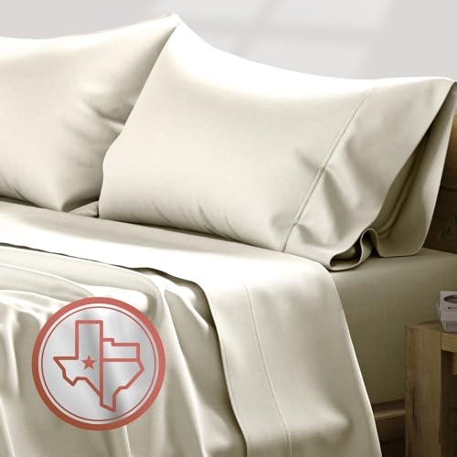 "TEXAS LINEN CO. 100% Egyptian Cotton Sheets - 600 Thread Count 4 PC King Size Sheet Set, Soft, Cooling, High Thread Count Sateen Weave, Extra Long Staple Luxury Bedding, 16"" Deep Pocket - Ivory"