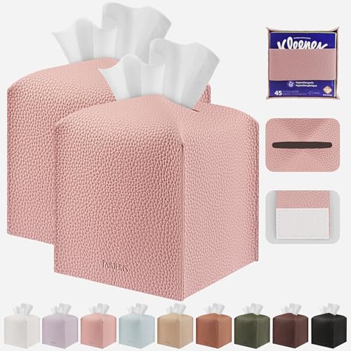 PARIERIS Tissue Box Cover Holder Square Tissue Cube Cover PU Leather Tissue Organizer with Bottom Belt for Bathroom, Tabletop, Car, Night Stands, Office, Home, Kitchen (2, PrettyPink)