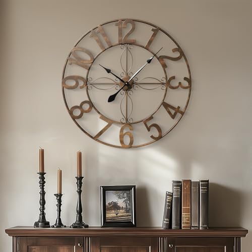 Cuspin 30 Inch Large Wall Clock, Bronze Rustic Decorative Metal Wall Clock with Arabic Numerals, Battery Operated Silent Non Ticking Round Analog Clock for Living Room, Bedroom, Kitchen, Office