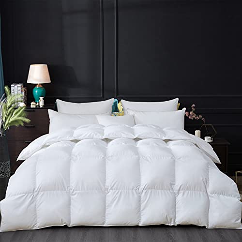 Egyptian Cotton Factory Outlet Store Luxurious All-Season Goose Down Feather Fiber Comforter Queen Size Duvet Insert, Premium White Solid Plain Design, Premium Baffle Box, 100% 70 oz Fill Weight