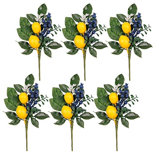 Valery Madelyn 6 Packs Spring Summer Picks with Lemons Blueberry Eucalyptus Leaves, Artificial Fruit Lemon Picks with Greenry, Summer Lemon Branches Decorations for Home Vase Kitchen Table Decor-12''