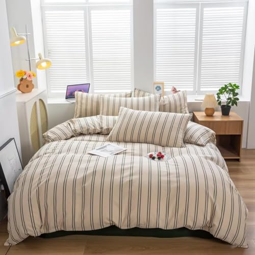 Mucalis Beige Duvet Cover King with Green Striped 100% Washed Cotton Duvet Cover Set Modern 3 Piece Stripe Pattern Bedding Set with Zipper Closure Corner Ties,Durable,Breathable,Easy Care