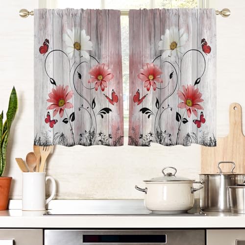 "AAtter Red Floral Kitchen Curtains, 27.5"" W x 39"" L, 2 Panels Rod Pocket - Burgundy and White Farmhouse Window Drapes, Country Rustic Flower, Cute Vintage Daisy Butterfly, Small Short Bathroom Tiers"