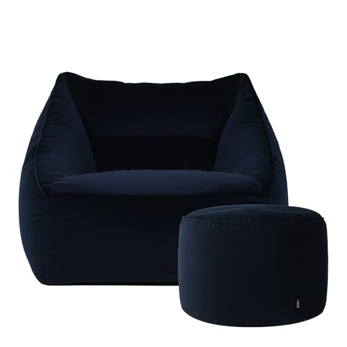 icon Natalia Velvet Bean Bag Chair with Pouffe, Midnight Blue, Large Adult Bean Bag with Filling Included, Accent Chair, Armchair, Living Room Furniture, Bedroom Furniture