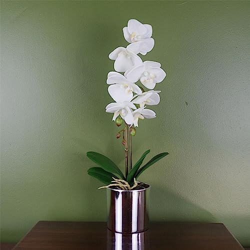 Leaf 46cm Artificial Orchid White with Silver Pot