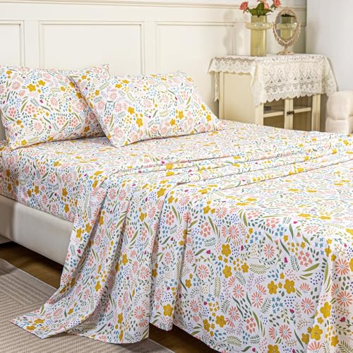 MEISHANG King Sheet Set - Ultra Soft Floral Sheets 100% Microfiber,1800 Thread Count Floral Bed Sheets Oeko-Tex Certificated - 4 Pieces - Yellow