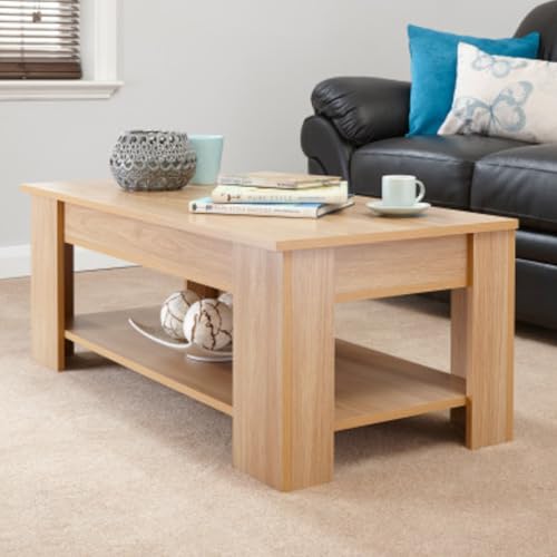 GFW Lift Up Coffee Table With Hidden Storage For Living Room. Modern Wooden Lift Top Coffee Tables With Display Shelf & Storage Compartment For Media & Accessories, Oak, H39.5cm x W105cm x D50cm