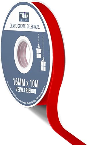 Italian Options Velvet Ribbon, Luxury, Single-Face Velvet Ribbon for Crafting, Christmas, Bows, Hair, Cakes, Weddings, Ornaments, Gift Wrapping, Flowers, 16mm x 10 Metre Roll, Red