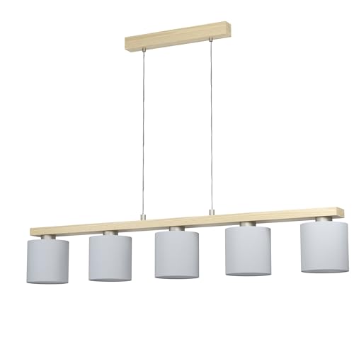 Eglo Pendant Lighting Castralvo, 5 Light Hanging lamp, Ceiling Light Fixture Made of White Fabric, Silver Metal and Natural Wood, Dining Table lamp FSC Certified, E27 Socket