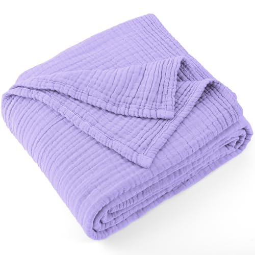 "Carriediosa 100% Cotton Muslin Throw Blanket 90"" X 108"" Twin XL Size???4-Layers Summer Gauze Throws for Bed Couch???Soft Lightweight Breathable Linen Blankets Bedspread for Adults All Season???Light Purple"