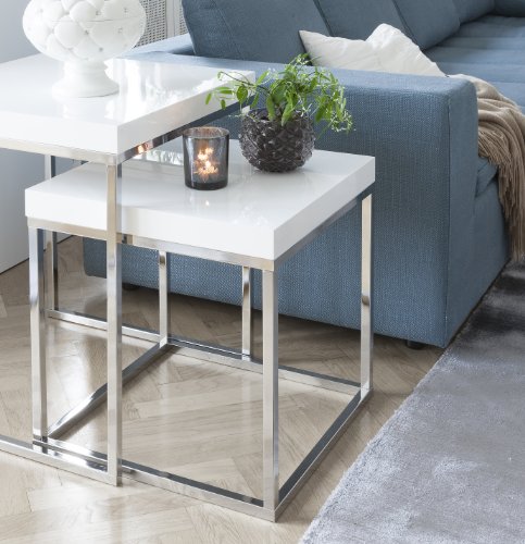 TemaHome Honeycomb Panel Plus Metal Prairie Nesting Side Tables with High Gloss White Plus Chrome Feet, 50 x 50 x 65 cm, White