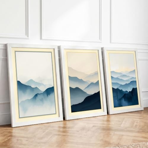 Misty Mountain Peaks Minimalist Set of 3 Framed Wall Art Prints A3