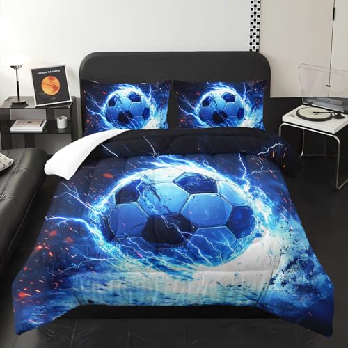 XYNHML Soccer Print Comforter 3Pcs Full Ball Sport Football Bedding Set for Kid Teen Girl Boy Adult Sports Games Soccer Blue Lightning Thunderstorm Quilt Room Decor with 1 Comforter and 2 Pillowcases