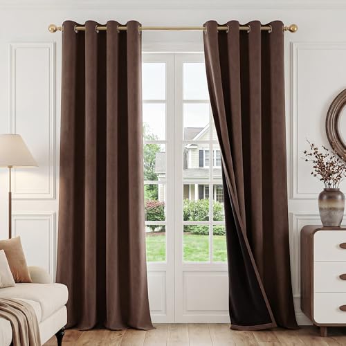Fmfunctex 100% Blackout Coffee Brown Curtains 84 Inch Long Grommet 2 Panels - Black out Drapes, Thermal Insulated Noise Reducing, Textured Weave, Room Darkening, Window Curtain, for Living Room,Grommet