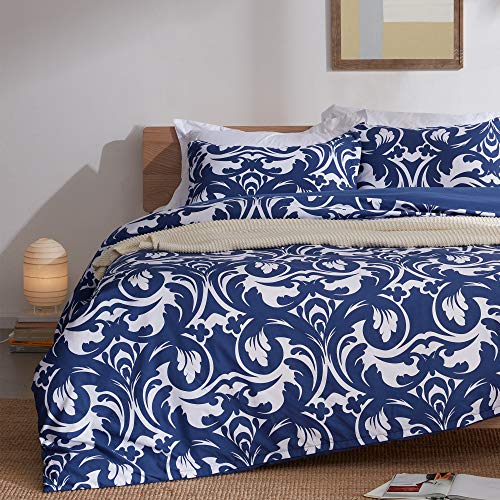 SLEEP ZONE Bedding Duvet Cover Sets Printed Baroque Floral Pattern 120gsm Ultra Soft Zipper Closure Corner Ties, Baroque Blue, King (104 x 90 inch - 2 Pillow Shams)