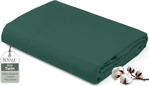 "Royale Linens 100% Organic Cotton Twin Flat Sheet Only - Super Soft - Percale Top Sheets - Twin Flat Sheet Sold Separately - Breathable, Cool & Crisp Sheets Only (66"" x 96"", Hunter Green)"