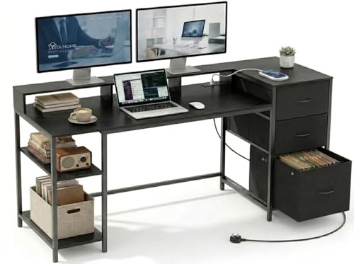 YITAHOME Computer Desk with Drawers Power Outlet, Home Office Desk with 2 Sockets & USB Ports, Computer Table with Storage & Shelves, Study Table Corner Desk with File Drawer, Black