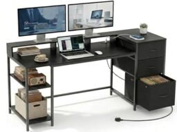 YITAHOME 145cm Computer Desk with Drawers Power Outlet USB Storage Black