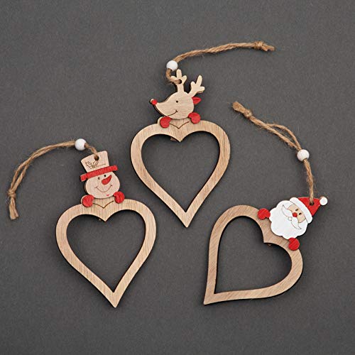 SHATCHI Christmas Tree Ornaments Wooden Aesthetic Hanging Decorations set of 3 pcs Xmas DIY Holiday Home Décor – Heart Shape Santa, Reindeer, Snowman pieces(9cm)