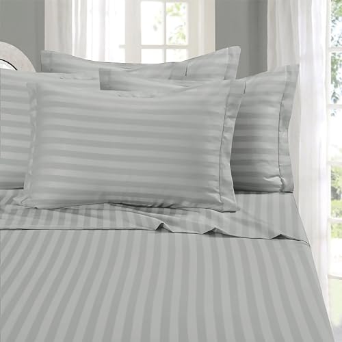 Elegant Comfort Softest and Coziest 4-Piece Sheet Set - 1500 Premium Hotel Quality Microfiber - Deep Pocket, Wrinkle Resistant 4-Piece Damask Stripe Bed Sheet Set, Twin, Silver