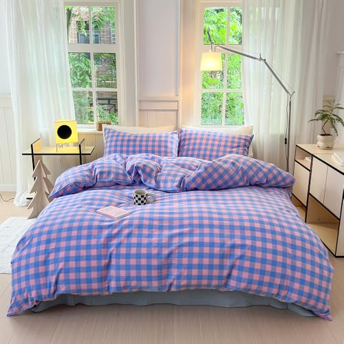 FACE TWO FACE Bedding Duvet Cover Set100% Washed Cotton Duvet Cover Linen Like Textured Breathable Durable Soft Comfy (Queen, Blue Purple Grid)