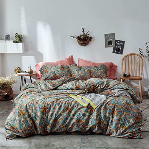 mixinni Vintage Style Garden Flower Duvet Cover Set with Zipper Closure Long Staple Percale Cotton Yellow Vibrant Pattern on Blue Bedding Quilt Cover Set(King, All Season)