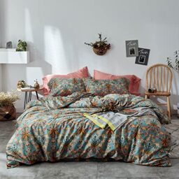 mixinni Vintage Style Garden Flower Duvet Cover Set with Zipper Closure Long Staple Percale Cotton Yellow Vibrant Pattern on Blue Bedding Quilt Cover Set(King, All Season)