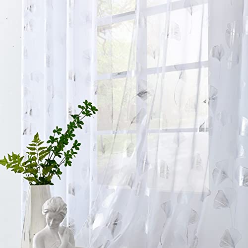 youleyar Silver Foil Print Voile Sheer Curtains, Leaves Grommet Top Window Drapes 63 Inches Long, Luxury Metallic Bronzing Treatment Panels for Home Window Decoration, 2 Panels