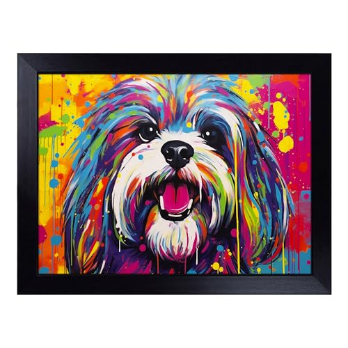Lap Tray with Bean Bag Cushion, Shih Tzu Pop Art - Handmade in the UK, Raised Wooden Edge, Padded Cushion, Heat-Resistant Wipe-Clean Surface, for Meals, Laptops and Crafts