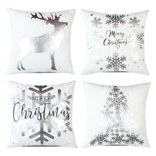 ONWAY Christmas Decorations Silver White Throw Pillow Covers 18x18 Set of 4 Snowflakes Reindeer Decorative Cushion Cases Xmas Decor for Couch Sofa Bedroom