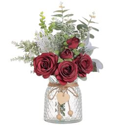 VIERENA Artificial Flowers with Vase Artificial Silk Roses in Vase Artificial Eucalyptus Flower Arrangement for Home Office Farmhouse Bathroom Dining Table Centerpiece Coffee Table Decor