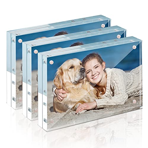 Picture Frames Acrylic, TWING 3 Pack 4 x 6 Acrylic Frame, Horizontal Magnet Double Sided 4x6 Picture Frame, 10+10MM Thick Clear Frameless Desktop Display Self Standing Magnetic Acrylic Block Photo