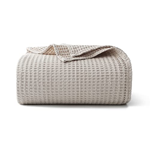 100% Cotton Waffle Blanket (Khaki - Throw Size - 50 * 60''), Pre-Washed and Anti-Shrinkage Soft Lightweight Bed & Couch Blanket, 380 GSM Waffle Weave Throw Blanket for All Seasons