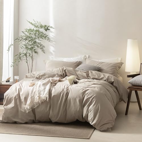 BDEAR Linen Grey Duvet Cover Alaskan King Size 132'' W x 120'' L, 100% Washed Cotton Duver Cover with Zipper Closure Plus 2 Pillowcases, Linen Feel, Oeko TEX Standard 100 Certificated