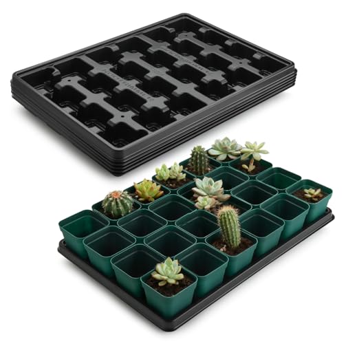 "RooTrimmer 2.8 inch (7CM) Square Nursery Pots 120pcs (Green) and 24 Cell Nursery Pots Trays 5 Pack, Plastic Seedling Starter Tray with Drain Holes for Carrying and Holding Plant Pot(17""x11""x1.6"")"