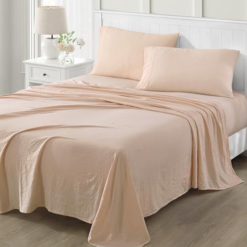 "MARTHA STEWART Ultra Soft Brushed and Washed Microfiber 4 Piece Sheet Set, Easy Care, Comfy Bed Sheets with Deep Pocket up to 16"", 1 Flat and 1 Fitted Sheet, 2 Std. Pillowcases, Queen Size, Blush Pink"