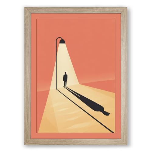 Figure Under Lamplight Modern Framed Wall Art Print A4 (29.7×21cm) Oak, Wall Decor for Living Room, Bedroom, Office & Home, Ready to Hang, Art Gift