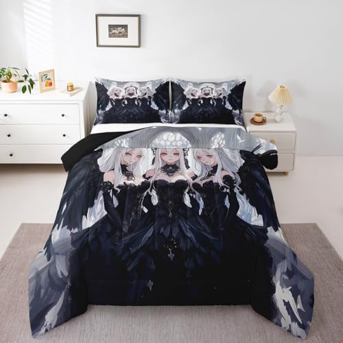 Erosebridal Japanese Anime Queen Size Comforter Set, Manga Anime Girl Bedding Set Kawaii Japanese Style Quilt Cartoon Japan Animation Duvet Insert for Boys Teens Adult Women Bedroom Decor, Black