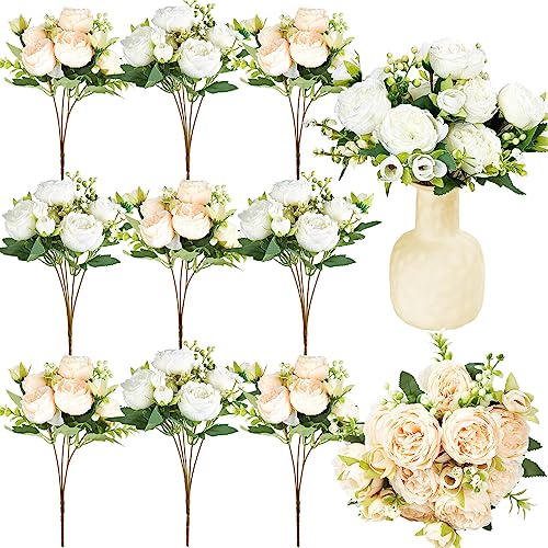 Jexine 12 Bundles Silk Artificial Peonies Flowers Faux Peony Bouquet Fake Peonies Artificial Flowers Bouquets for Vase Floral Arrangements Wedding Home Table Decoration (White,Champagne)