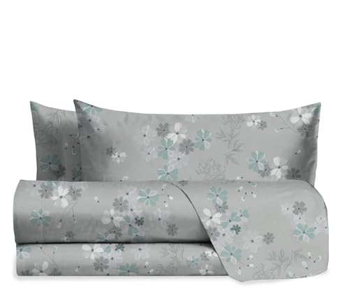 hermet Laura Biagiotti, Set of Double Bed Sheets Cotton, Patterned Bed Set, 100% Cotton, Top Sheet + Fitted Sheet + Pair of Pillowcases, Eris Aquamarine