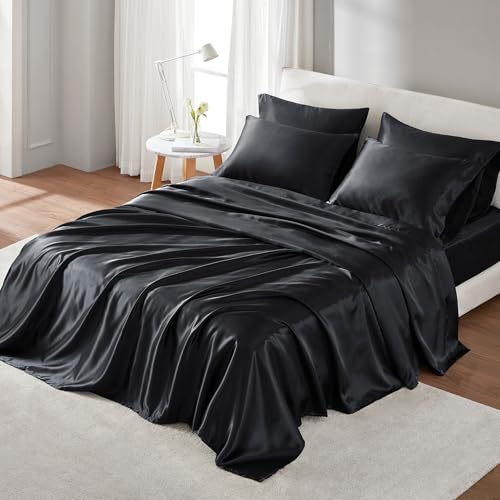 "Madison Park Essentials Luxurious Silky Satin Queen Size Bed Linens, 6 Piece Sheet Set, Black, Fits Mattress Up to 16"" with 14"" Deep Pocket, Polyester, Machine Washable"
