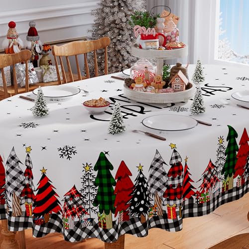 Siilues Christmas Tablecloth 60x84 Inch Oval, Plaid Vintage Merry Christmas Trees Table Cover Seasonal Winter Waterproof Dining Table Cloth Home Party Decor